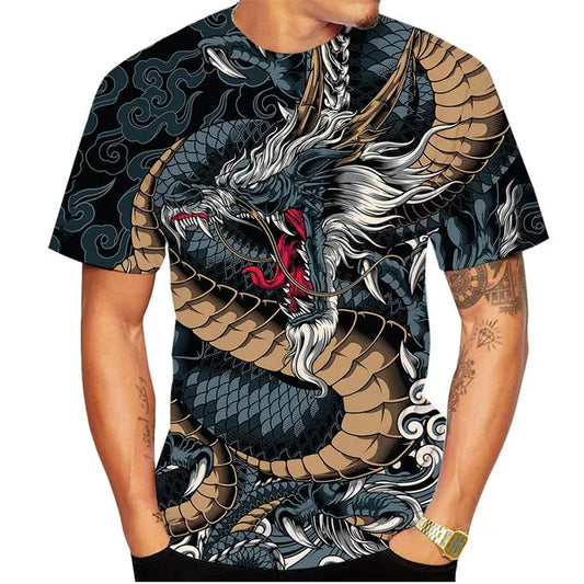 Chinese Dragon Print Grey and Black Shirt