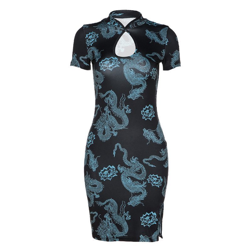 Blue Chinese Dragon & Lotus Flower Party Dress
