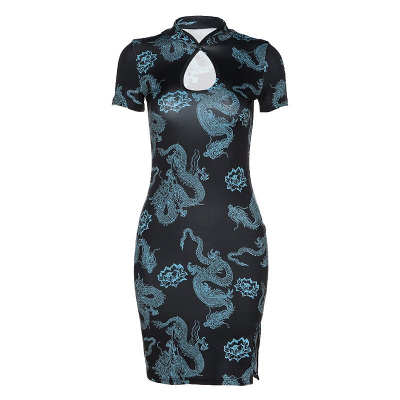 Blue Chinese Dragon & Lotus Flower Party Dress