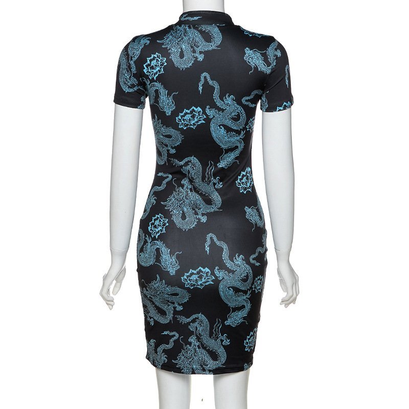 Blue Chinese Dragon & Lotus Flower Party Dress