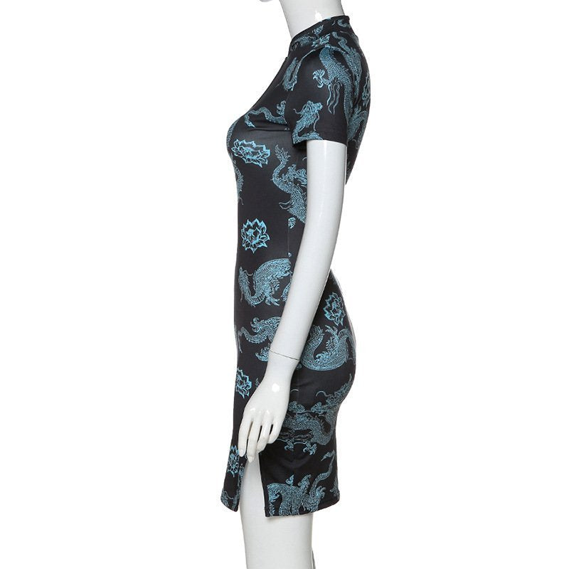 Blue Chinese Dragon & Lotus Flower Party Dress