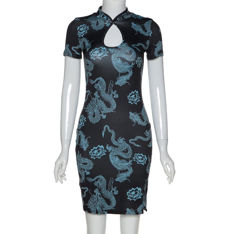 Blue Chinese Dragon & Lotus Flower Party Dress