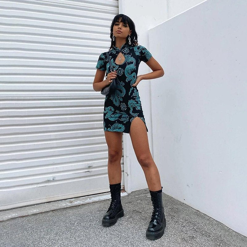 Blue Chinese Dragon & Lotus Flower Party Dress