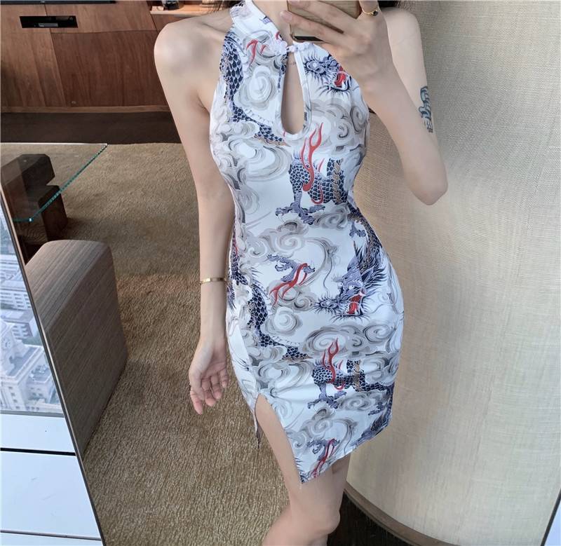 White Dress Multi Coloured Chinese Dragon Print