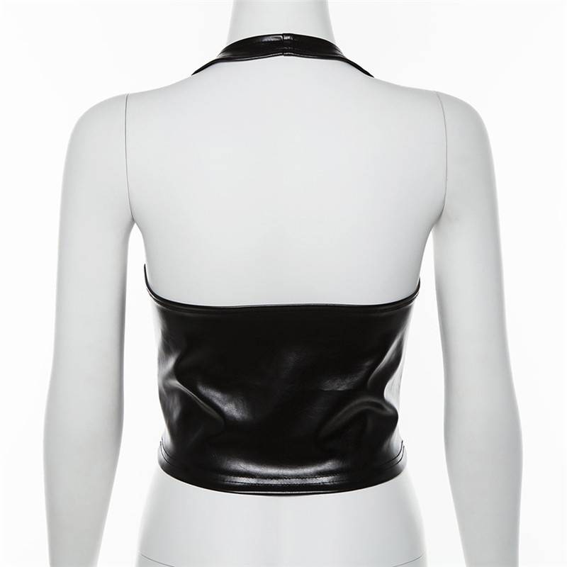 Black PU Halterneck Midriff Top