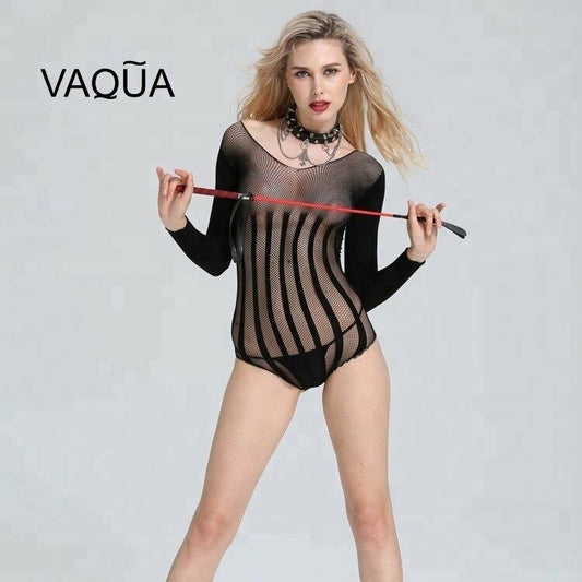 Sexy fine striped mesh Fishnet body stocking lingerie full sleeves one size 8-18