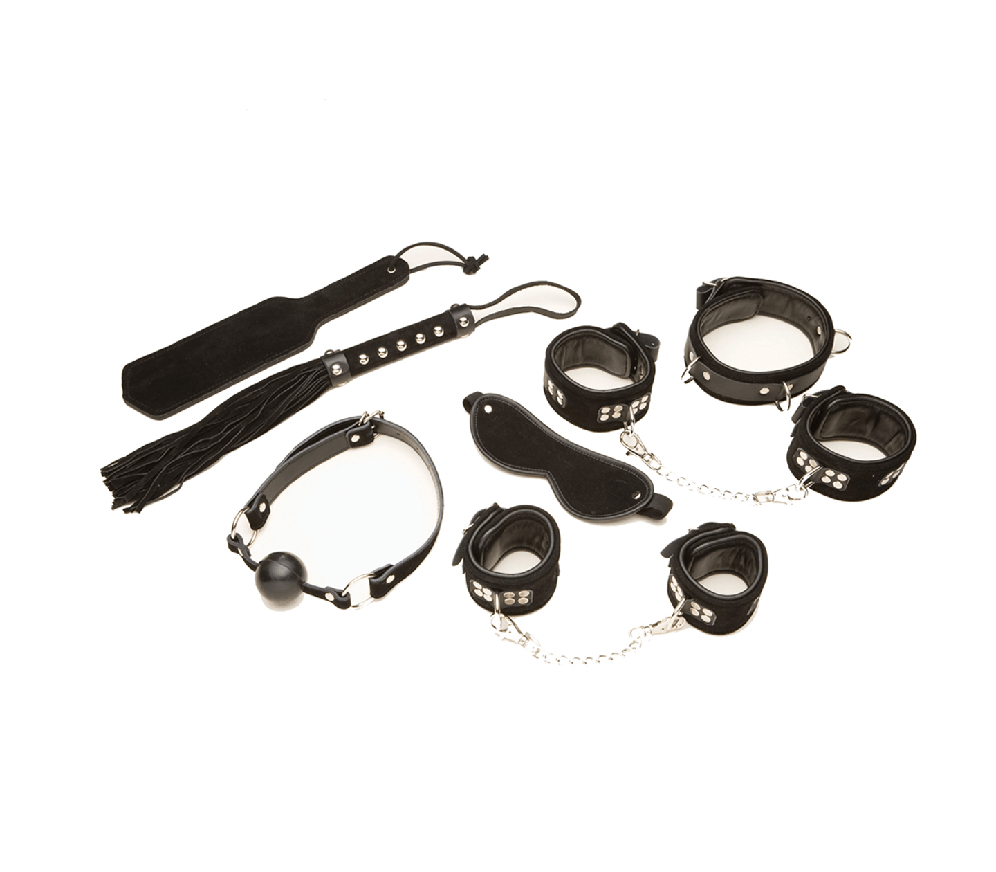 Leather S&M set Ball Gag Ankle Wrist Restraints Collar Blind Fold Paddle Flogger