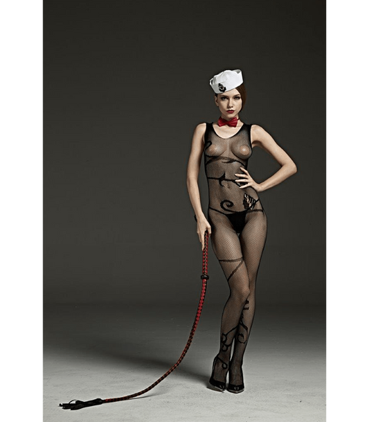 Sexy Lingerie, Crutchless wide strap body stocking with tattoo detail