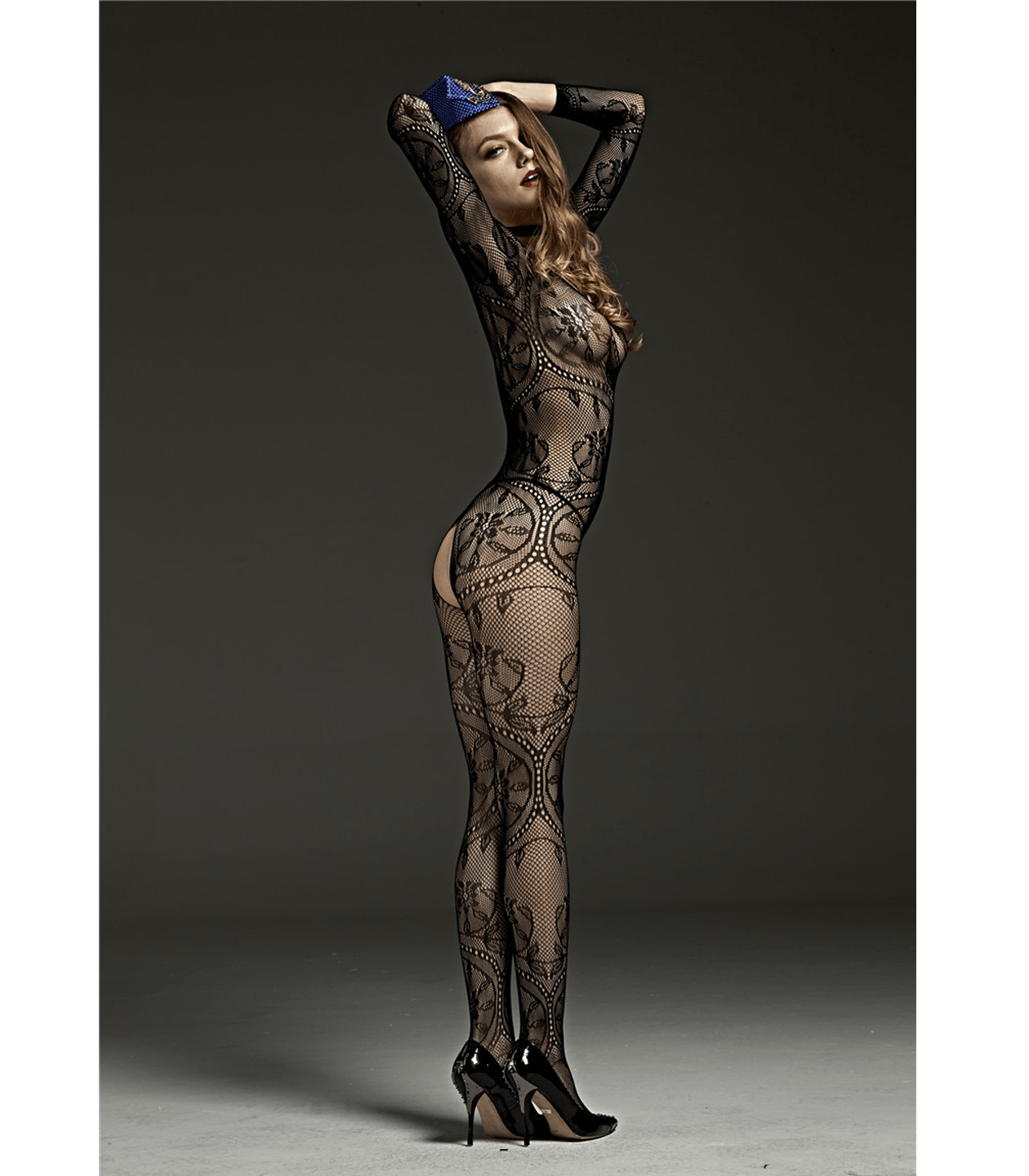 Sexy Lingerie, Long sleeve, crutchless body stocking with lace detail LIN606A