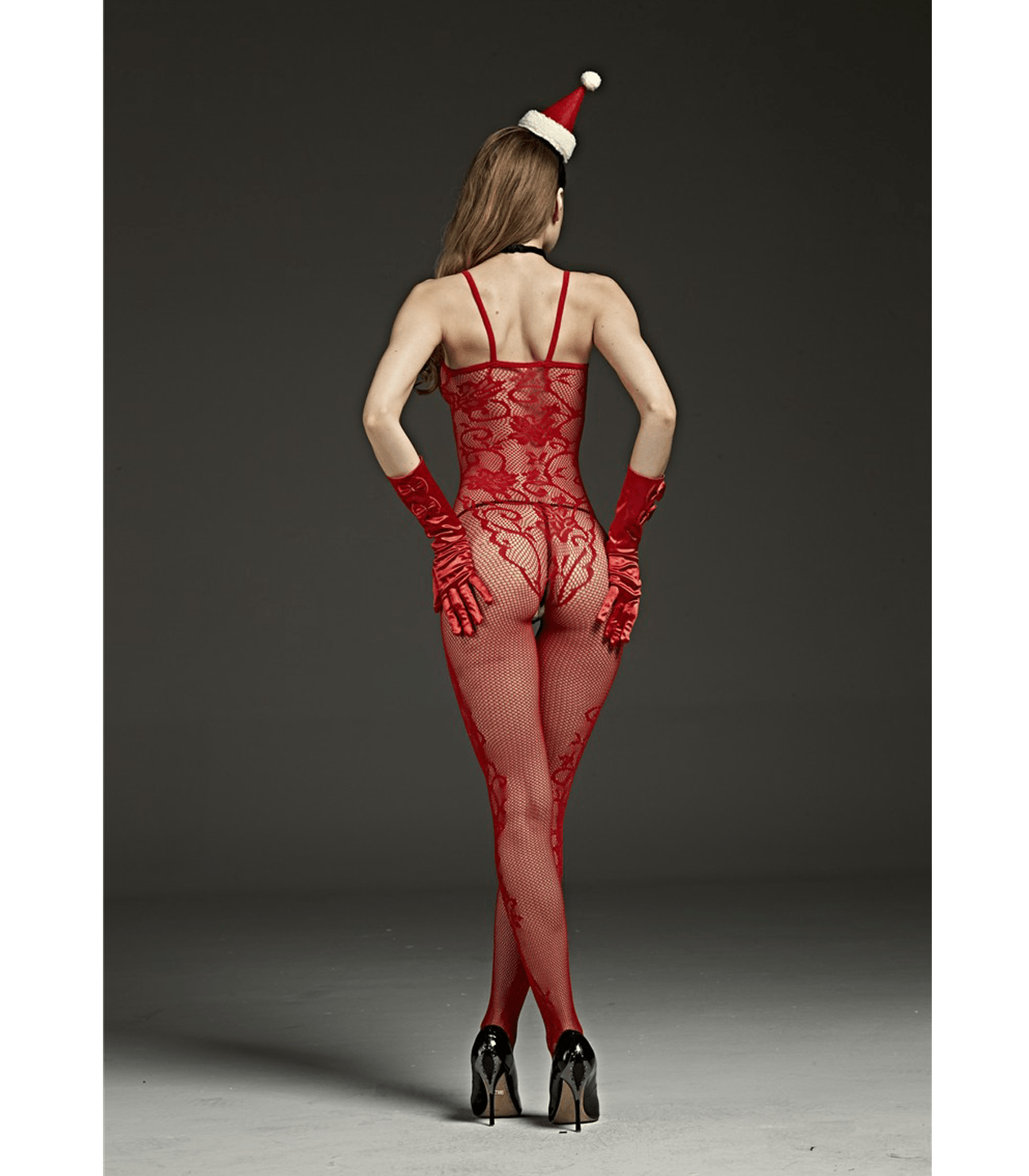Sexy Lingerie, Crutchless, red, spaghetti strap body stocking with lace detail