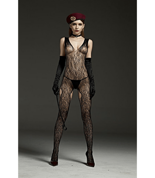 Sexy Lingerie, Crutchless, wide strap body stocking with thigh cut outs