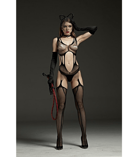 Sexy Lingerie Crutchless body stocking midriff cut out open hip garter G-string