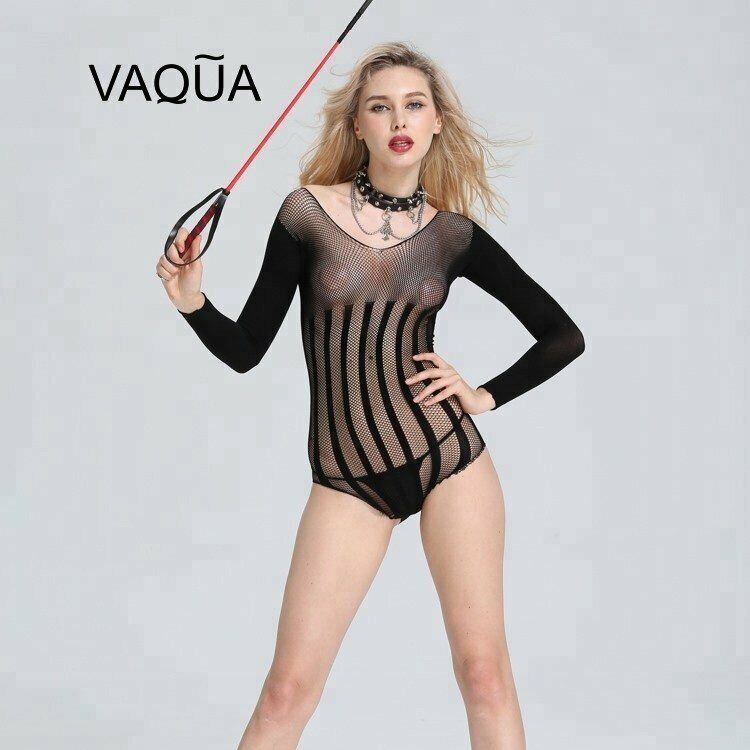 Sexy fine striped mesh Fishnet body stocking lingerie full sleeves one size 8-18