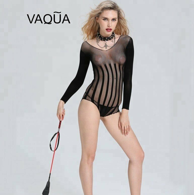 Sexy fine striped mesh Fishnet body stocking lingerie full sleeves one size 8-18