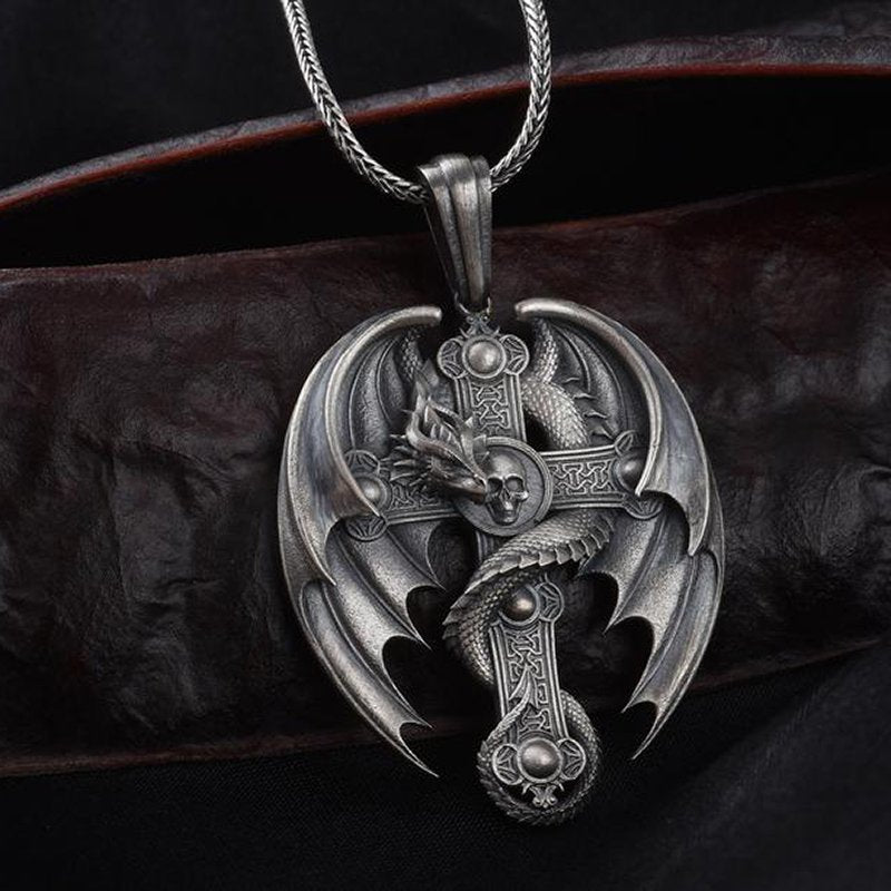 Vintage Alloy Dragon Skull Cross Pendant