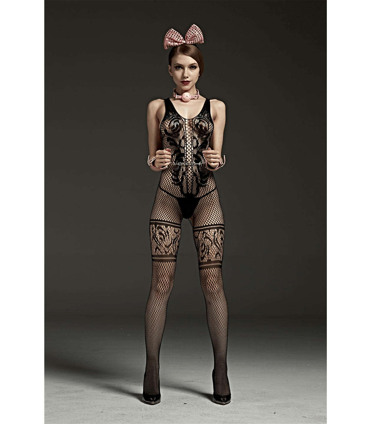 Sexy Lingerie Crutchless wide strap body stocking lace design thigh panels