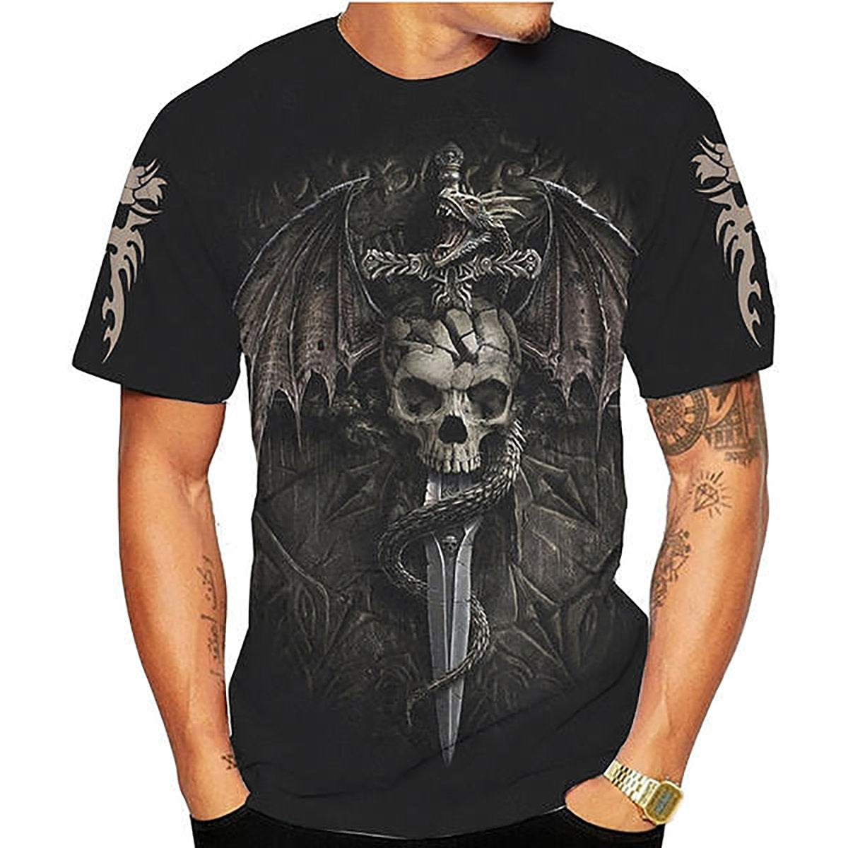 Gothic Dragon Skull Sword Print Shirt