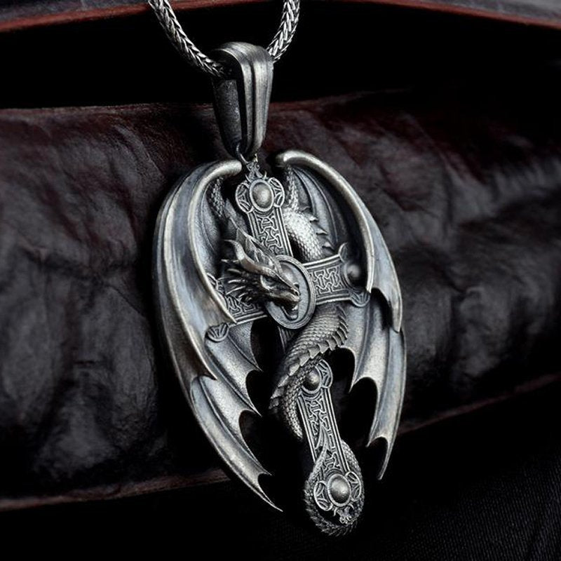 Vintage Alloy Dragon Skull Cross Pendant