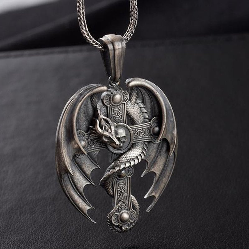 Vintage Alloy Dragon Skull Cross Pendant