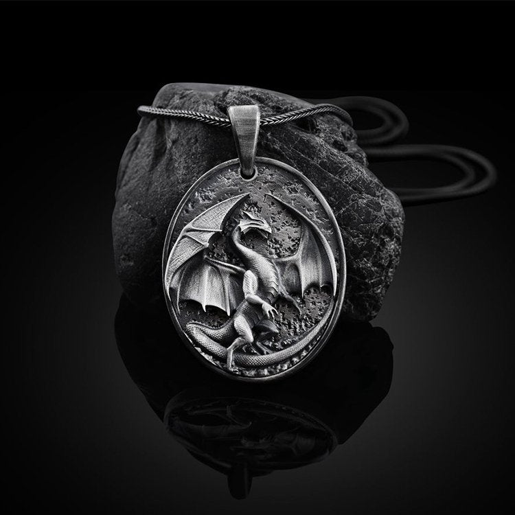 Vintage Alloy Mythical Gothic Dragon Oval Pendant