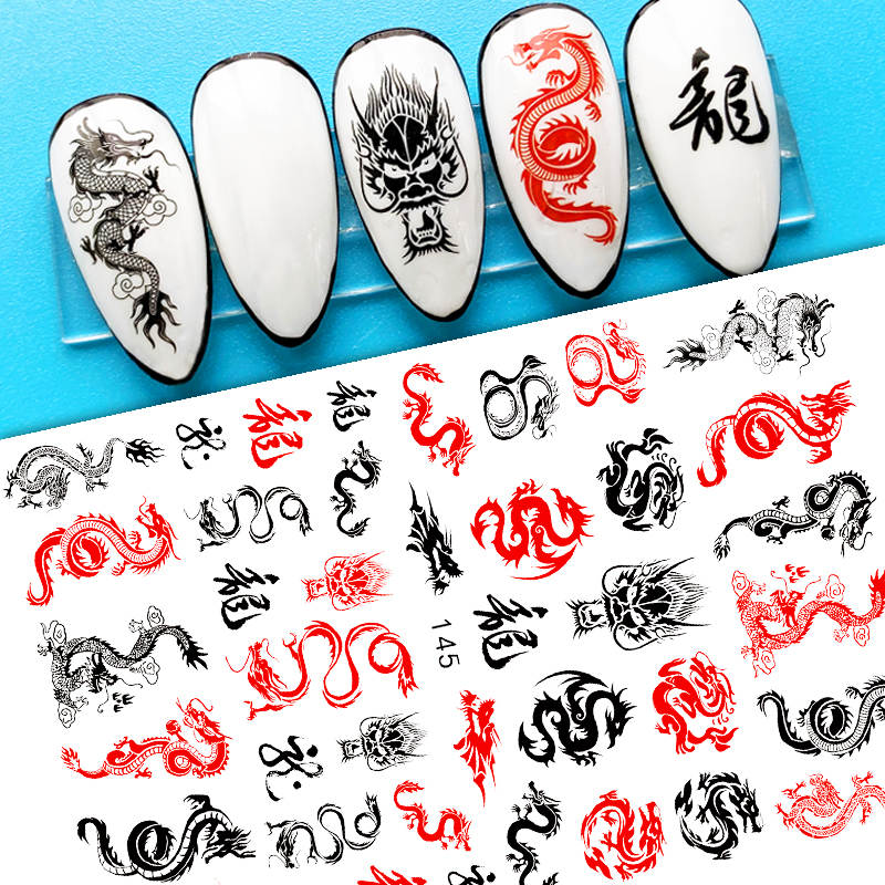 Finger Nail Art Tribal Chinese Dragon Stickers Red/Black